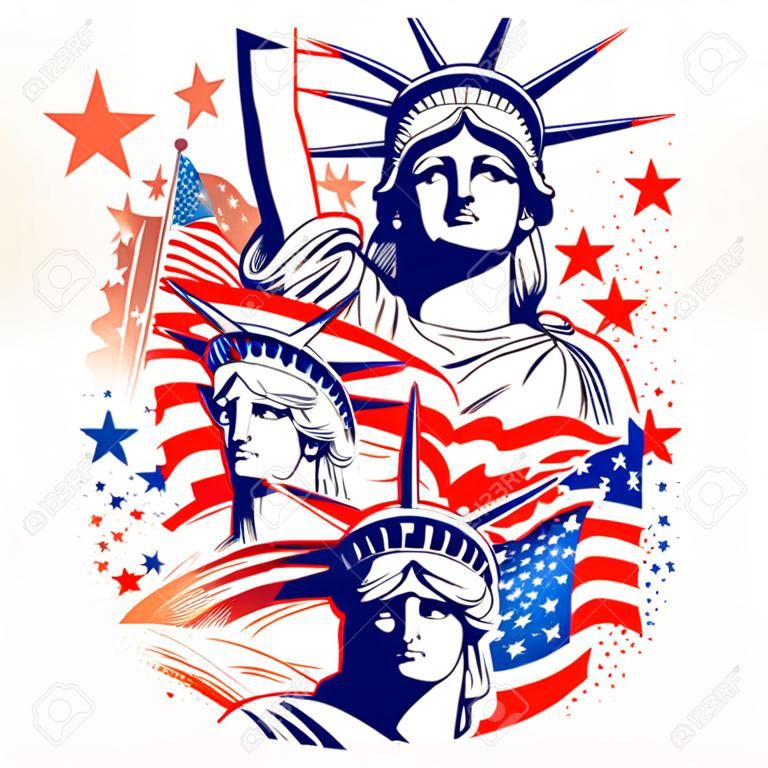 미국 7월 4일 장식 자유의 여신상과 미국 국기