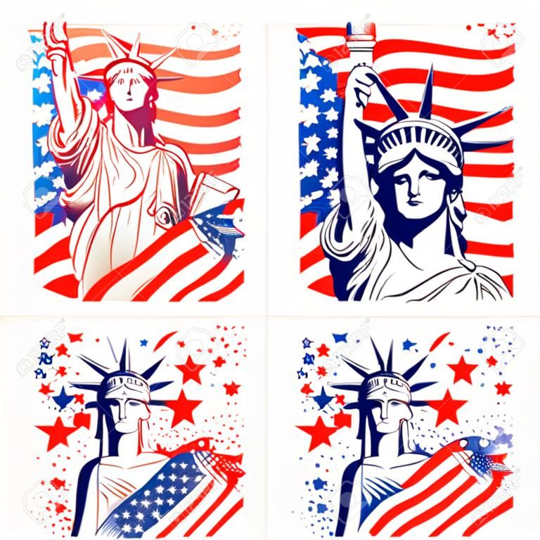 미국 7월 4일 장식 자유의 여신상과 미국 국기