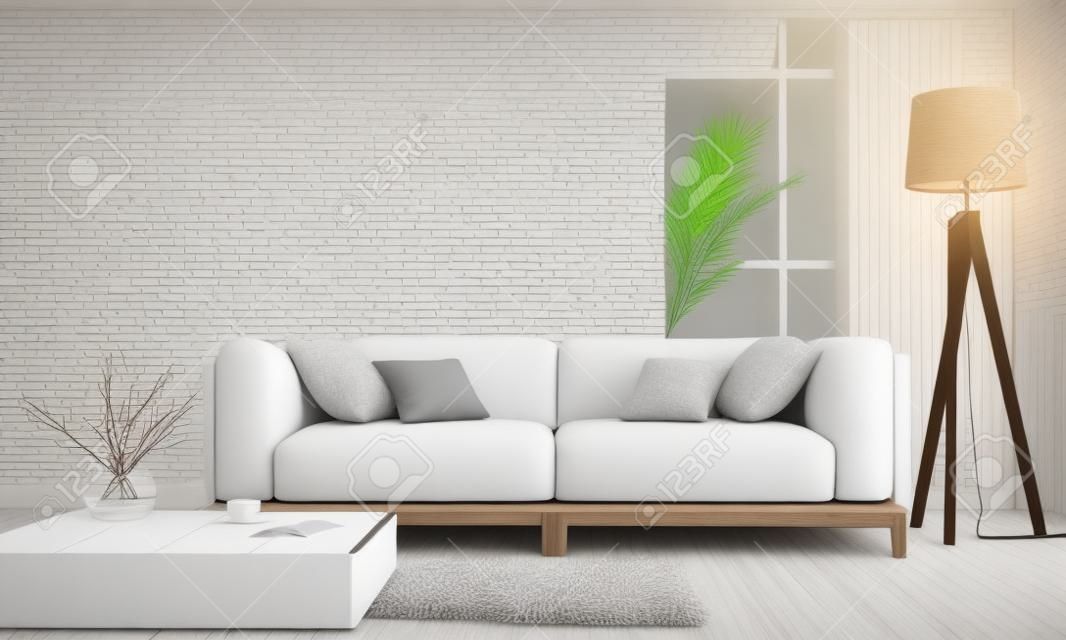 3D illustration. Modern white living room with wooden elements