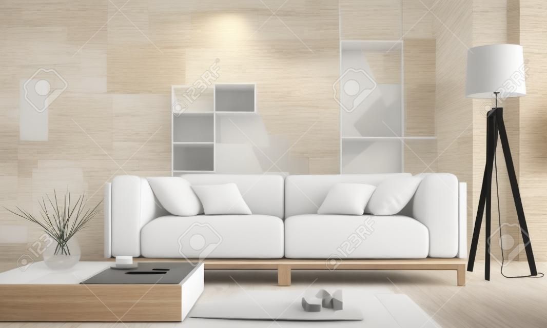 三維圖。現代白色的房間配有木質元素的生活