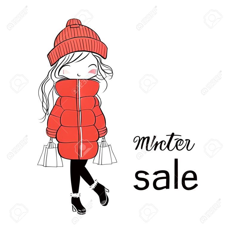 Vector illustration. Girl with purchases in a red down puffy jacket