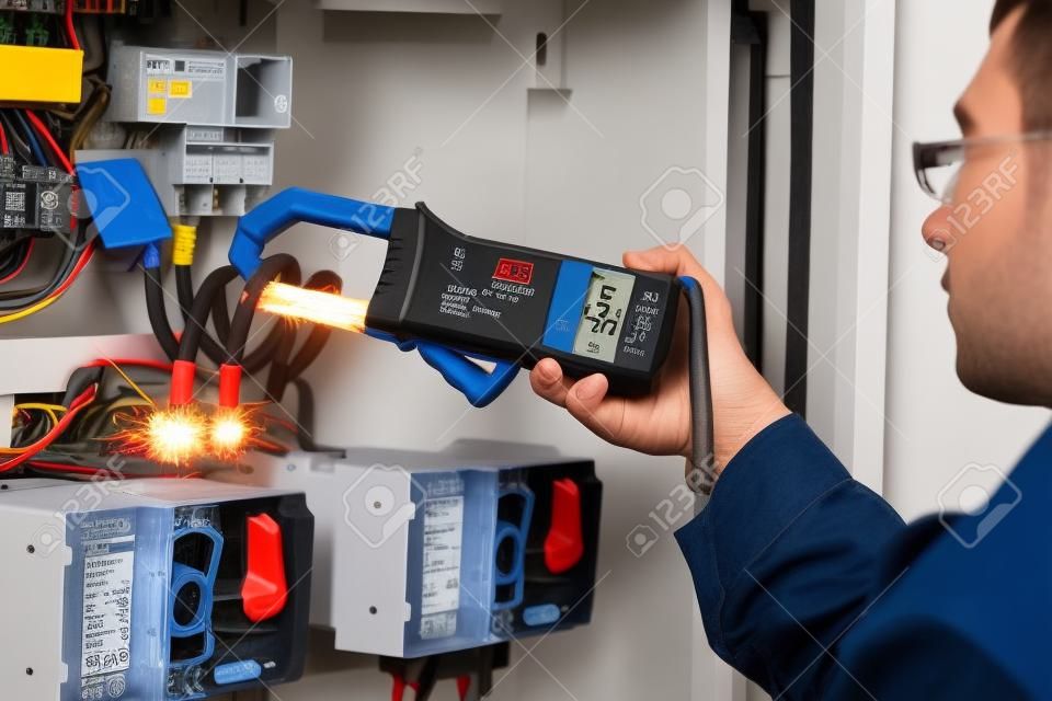 Elektriker arbeitet. männliche Techniker prüfen fusebox mit Digitalmultimeter Klemme AC-DC-Tester