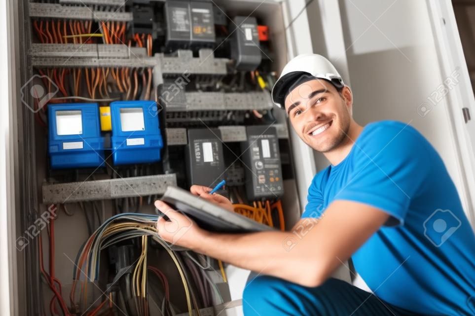 trabajador electricista inspeccionando equipos y medidores de electricidad
