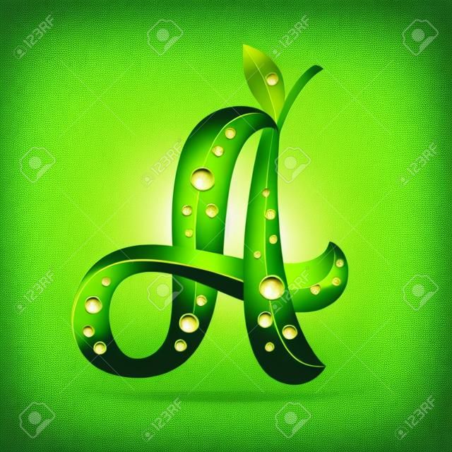 Letter A with green leaves and dew drops. Vector design template elements for your application or corporate identity.