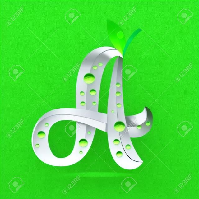 Litera a z zielonymi liśćmi i kroplami rosy. elementy szablonu projektu wektorowego dla aplikacji lub tożsamości korporacyjnej.