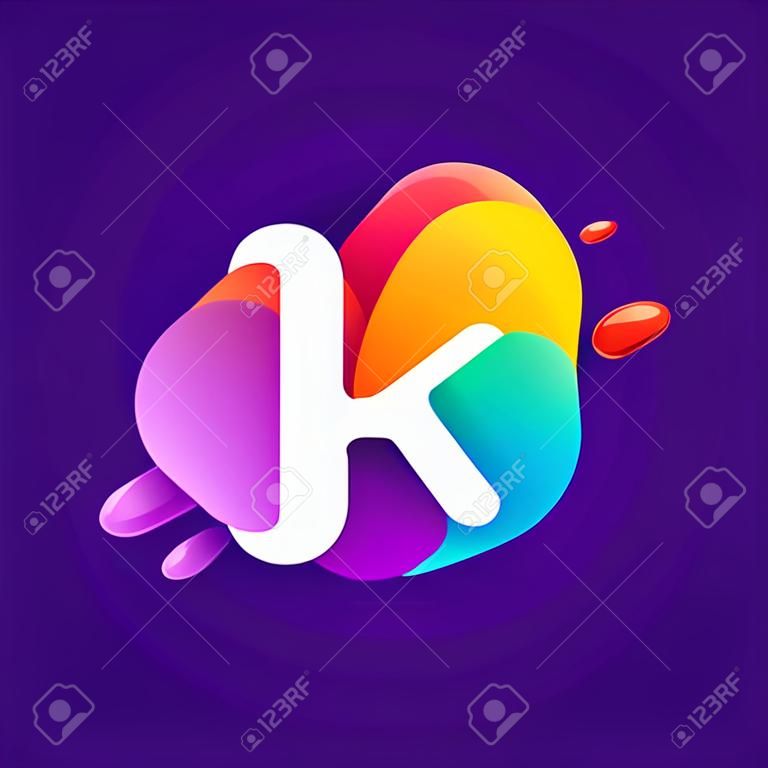 Letter K logo at colorful multicolor gradient splash. Perfect font for media labels, nightlife print, cartoon posters etc.