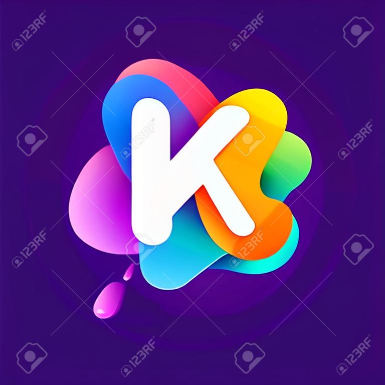 Letter K logo at colorful multicolor gradient splash. Perfect font for media labels, nightlife print, cartoon posters etc.