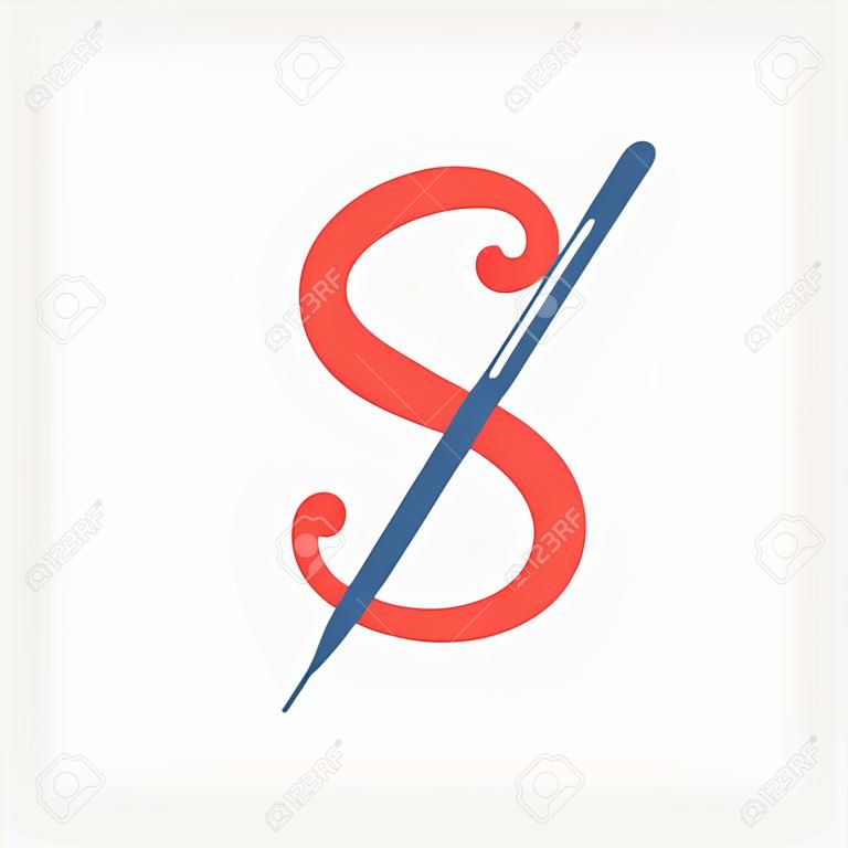 S letter logo with needle and thread. Font style, vector design template elements for your hobby or textile corporate identity.