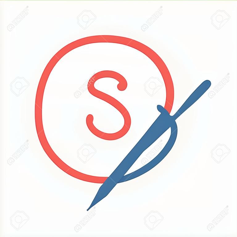 S letter logo met naald en draad. Lettertype stijl, vector ontwerp template elementen voor uw hobby of textiel corporate identiteit.