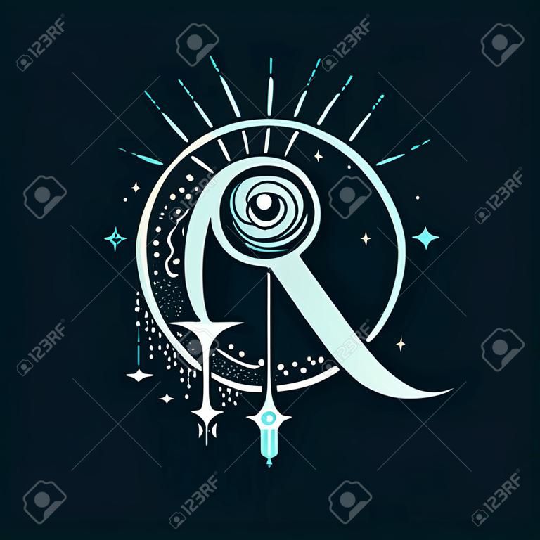 R letter logo in the astrological style. Hand drawn monogram for magic postcards, medieval style posters, esoteric advertise, luxury ornate T-shirts.
