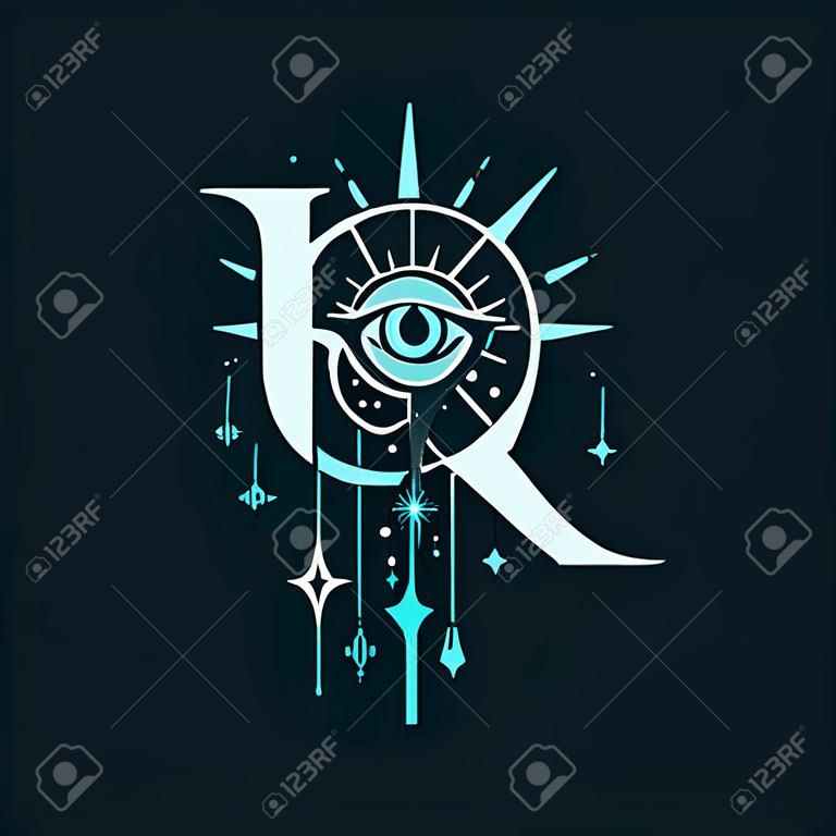 R letter logo in the astrological style. Hand drawn monogram for magic postcards, medieval style posters, esoteric advertise, luxury ornate T-shirts.