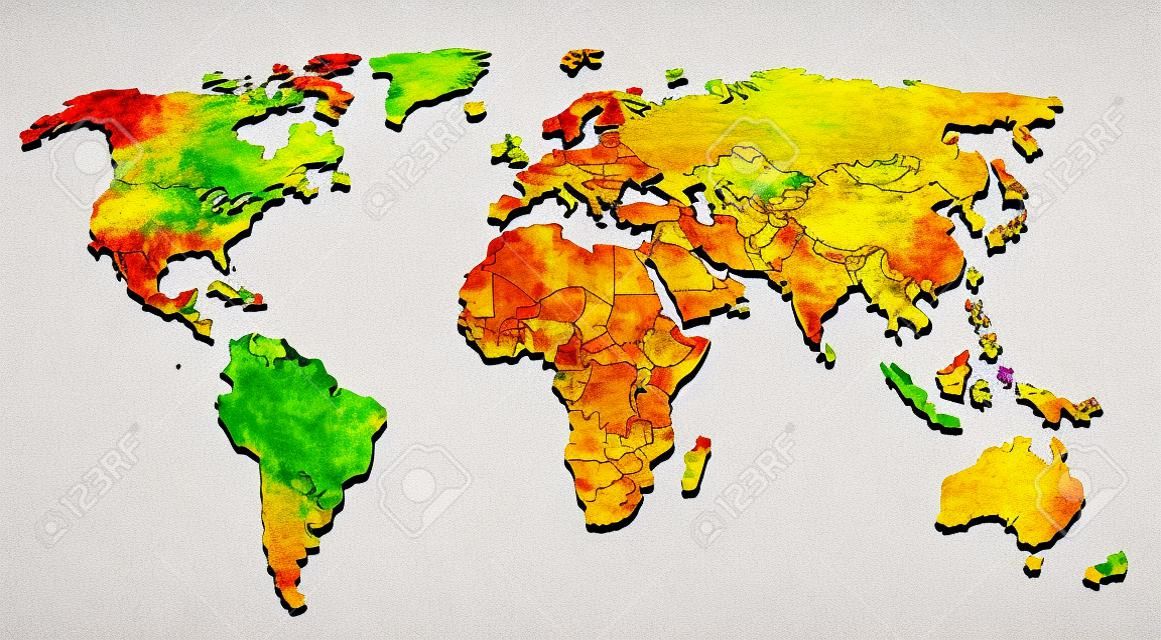 Collage von Welt Karte von bunten Urlaubsfotos isoliert auf weißem Hintergrund gemacht