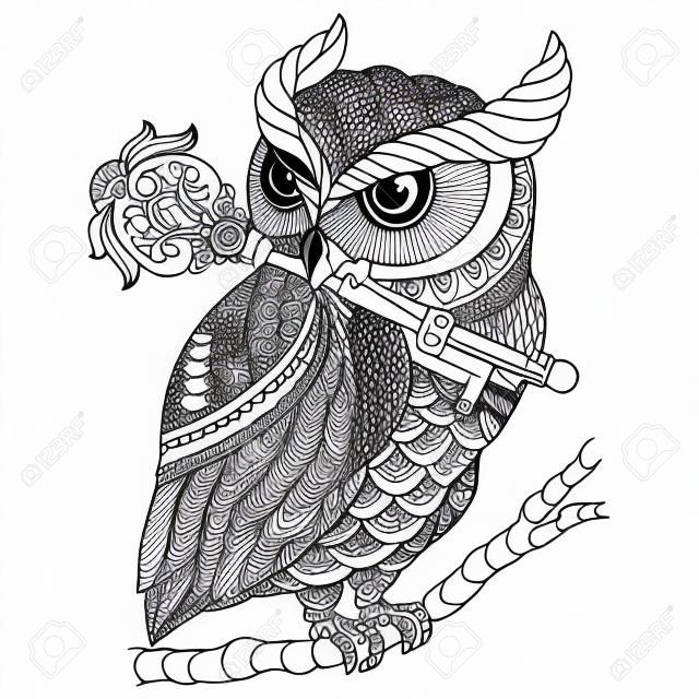 Owl with key. Hand drawn sketch illustration for adult coloring book