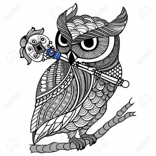 Owl with key. Hand drawn sketch illustration for adult coloring book
