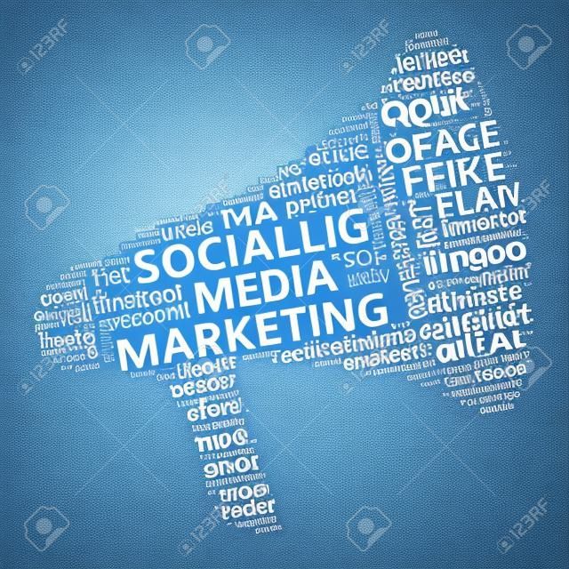 콘텐츠 홍보를위한 확성기 모양의 소셜 미디어 마케팅 단어 구름