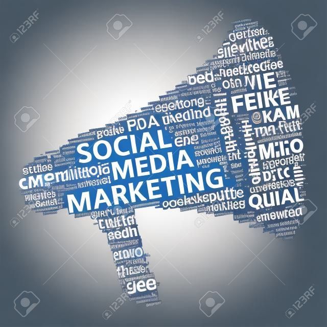 Social media marketing word cloud in the shape of a megaphone for content promotion