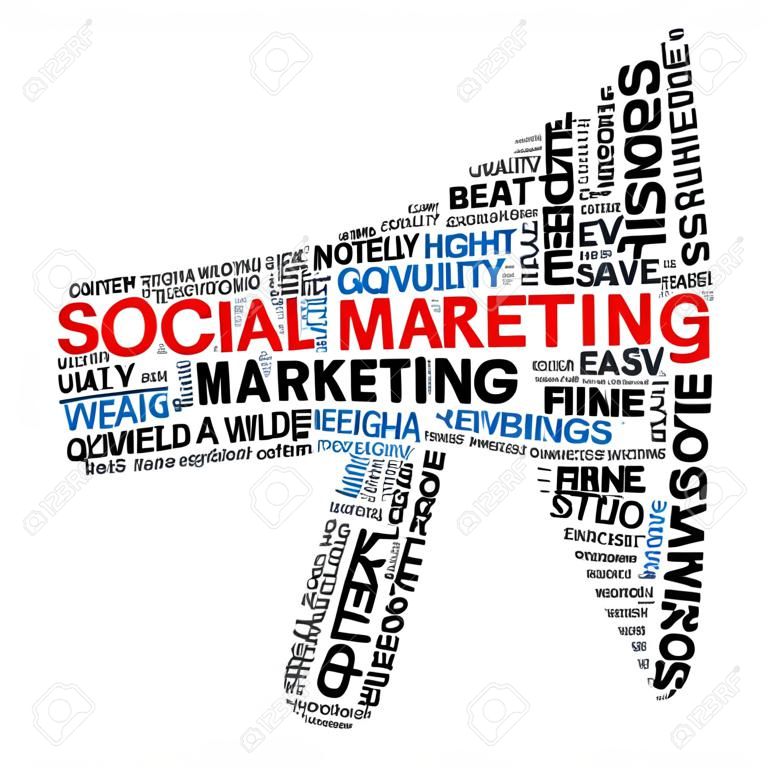 Social media marketing word cloud in the shape of a megaphone for content promotion