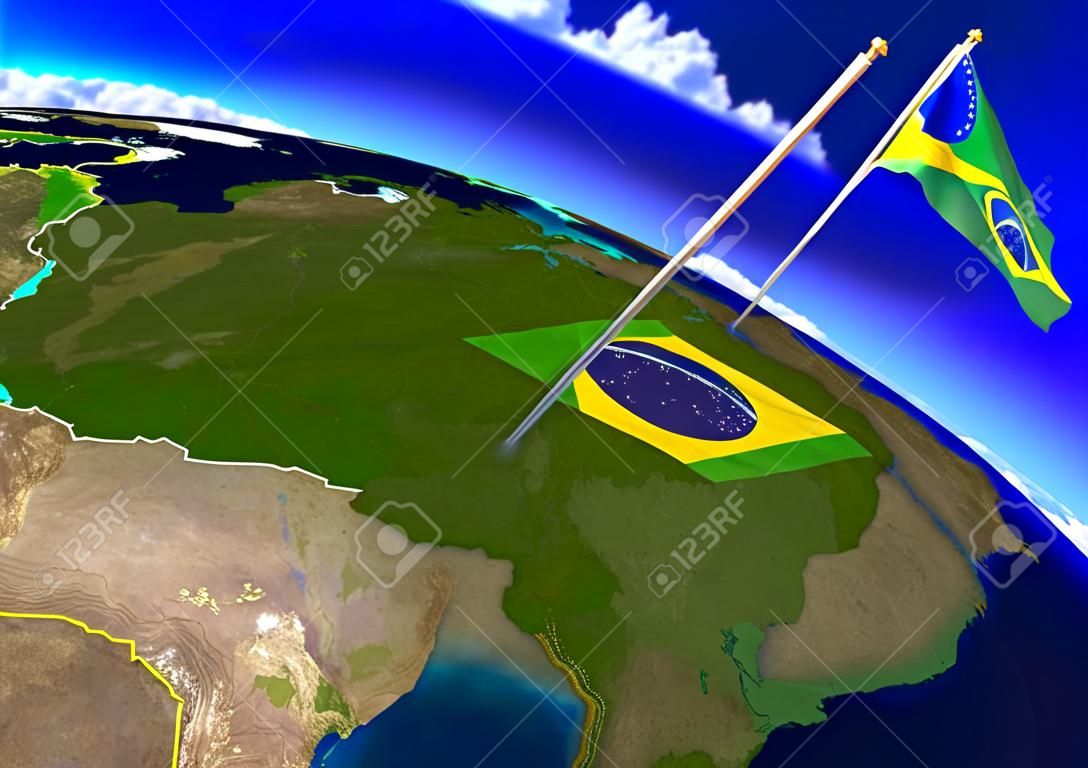 Brazil national flag marking the country location on world map. 3D rendering, parts of this image furnished by NASA