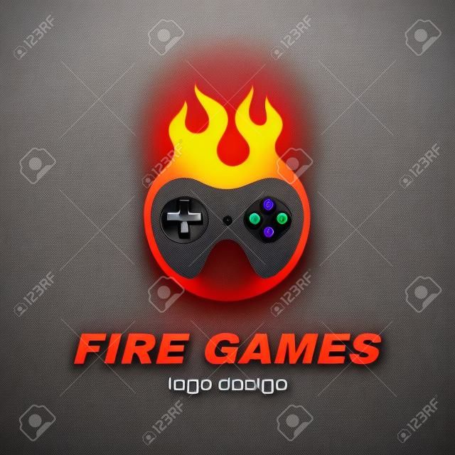 火比赛传染媒介象例证模板商标设计。操纵杆在火中。热门游戏，游戏手柄，游戏玩家概念