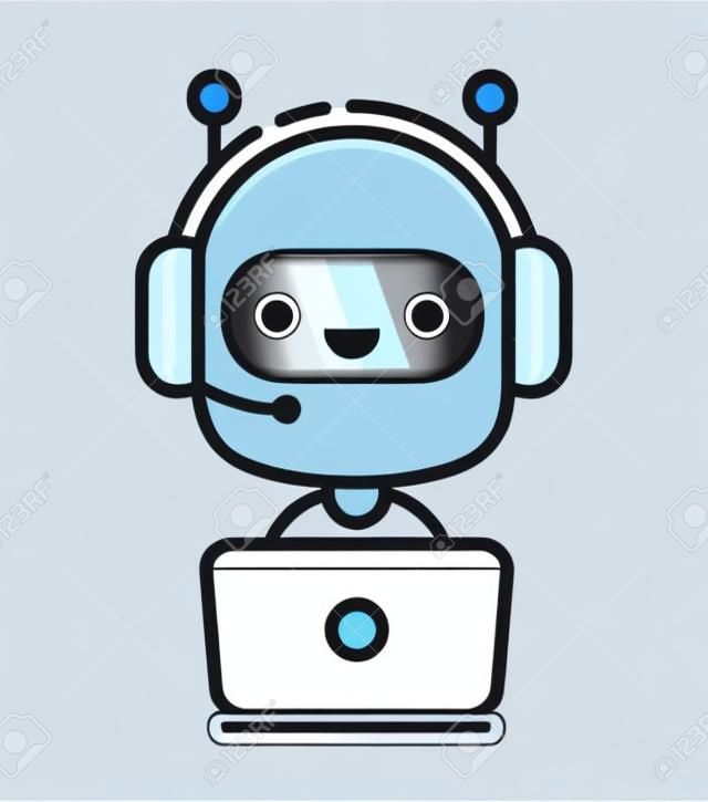 可愛微笑聊天機器人工作在耳機與麥克風背後的筆記本電腦。矢量平現代線條樣式卡通人物插圖圖標設計。在白色背景上孤立。聊天bot機器人的概念