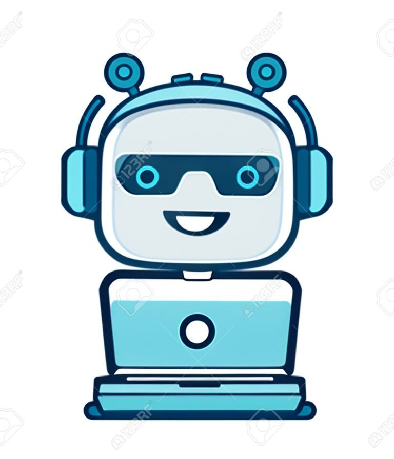 可愛微笑聊天機器人工作在耳機與麥克風背後的筆記本電腦。矢量平現代線條樣式卡通人物插圖圖標設計。在白色背景上孤立。聊天bot機器人的概念