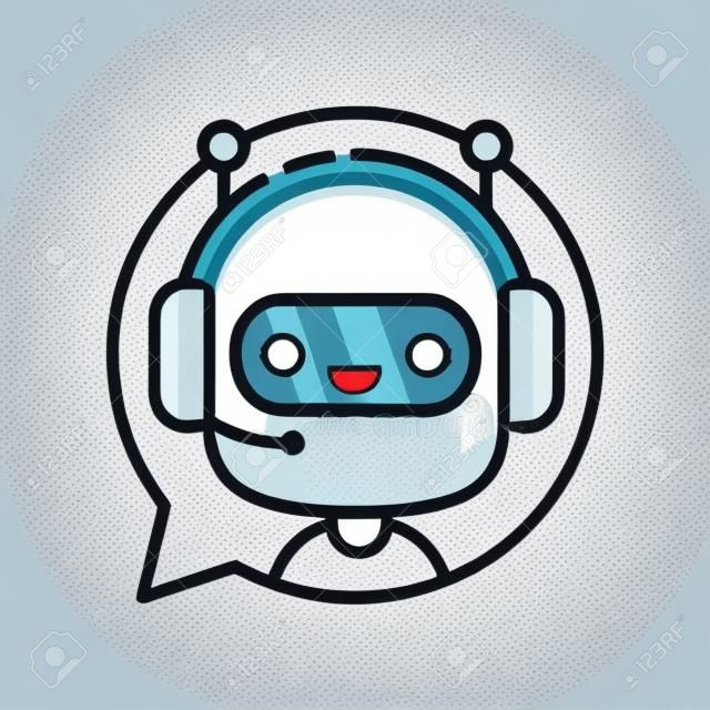 Bot de bate-papo engraçado bonito sorriso robô na bolha de fala. Vector moderno ilustração de personagem de desenho animado plano. Isolado no fundo branco. Bot de bate-papo de serviço de suporte de voz, ajuda virtual on-line suporte ao cliente