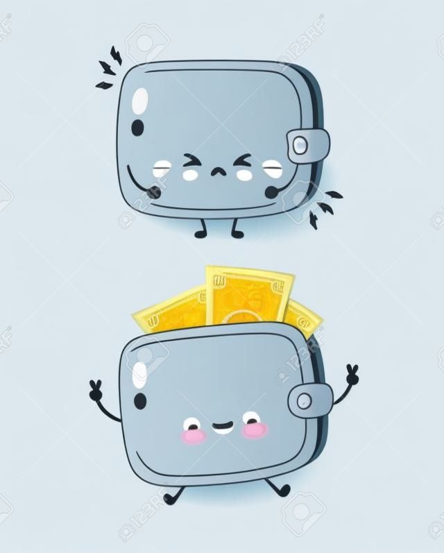귀여운 행복하고 슬픈 외침 돈 지폐 지갑. 벡터 평면 만화 캐릭터 그림 아이콘 디자인입니다. 흰색 배경에 고립. 지갑 개념