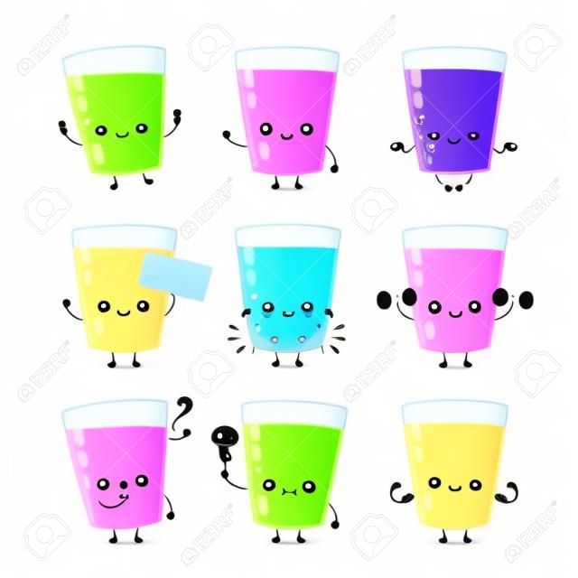 Cute smiling happy water glass set co;;ection. Vector flat cartoon character illustration.Isolated on white background.Water character bundle concept