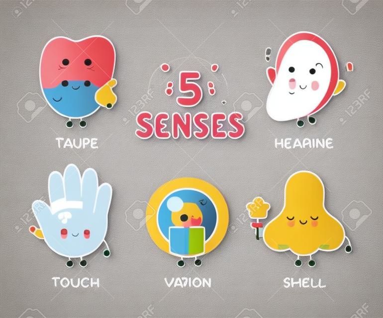 Cute happy five human senses. Vision, hearing, smell, touch, taste. Vector flat illustration icon design.Human cute nose, eye, hand, ear, tongue senses poster concept