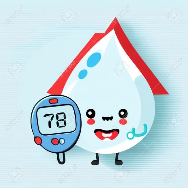Cute happy blood drop with glucose measuring device character. Vector flat style cartoon illustration icon design.Isolated on white background