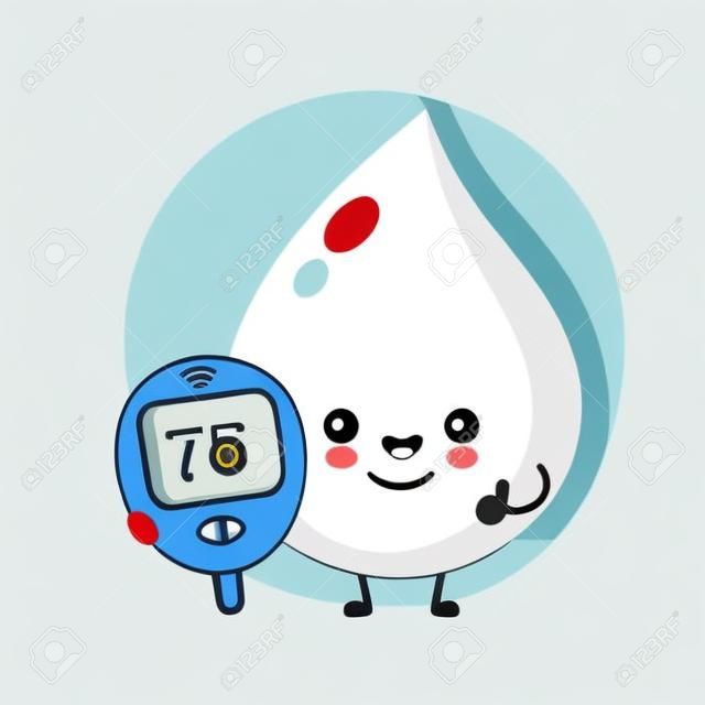 Cute happy blood drop with glucose measuring device character. Vector flat style cartoon illustration icon design.Isolated on white background