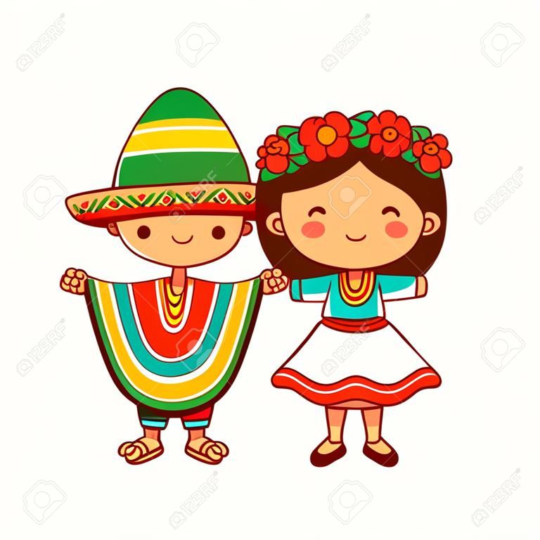 Kids in traditional mexican costume. Vector flat line cartoon kawaii character illustration icon. Isolated on white background. Mexican boy and girl concept
