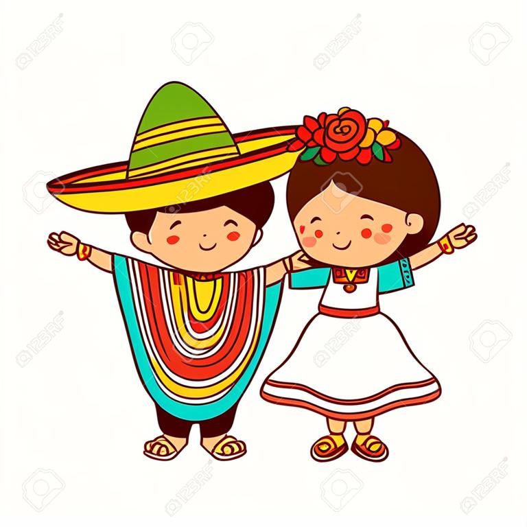 Kids in traditional mexican costume. Vector flat line cartoon kawaii character illustration icon. Isolated on white background. Mexican boy and girl concept
