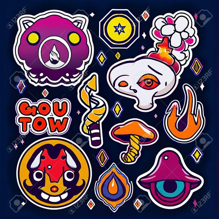Funny crazy psychedelic stickers set print. Vector cartoon illustration sticker pack design. Psychedelic,groovy,trippy,lsd acid,magic mushrooms print for t-shirt,poster,card concept