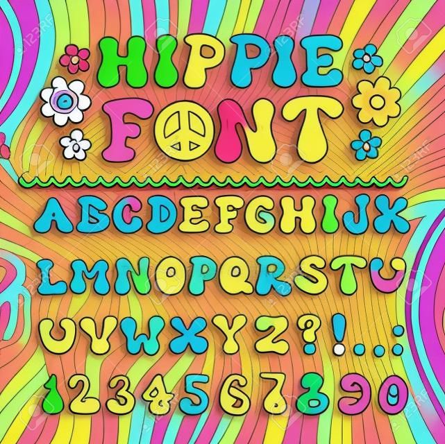 Hippie 60er, 70er psychedelische Cartoon-Schriftart. Vektor-Doodle-Illustrationsbuchstaben. Trendiges Alphabet, Cartoon-Groovy-Hippie-Comic-ABC, 60er, 70er, flippiges Konzept