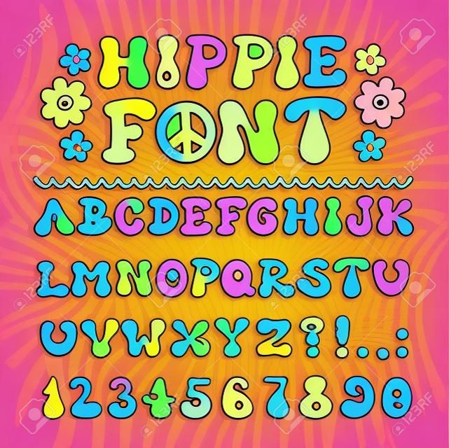Hippie 60er, 70er psychedelische Cartoon-Schriftart. Vektor-Doodle-Illustrationsbuchstaben. Trendiges Alphabet, Cartoon-Groovy-Hippie-Comic-ABC, 60er, 70er, flippiges Konzept