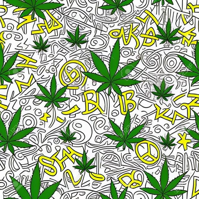 Hand drawn graffiti quotes and weed lead seamless pattern wallpaper.Vector graphic illustration.Graffiti lettering,urban art,marijuana,cannabis,weed leaf seamless pattern wallpaper print concept