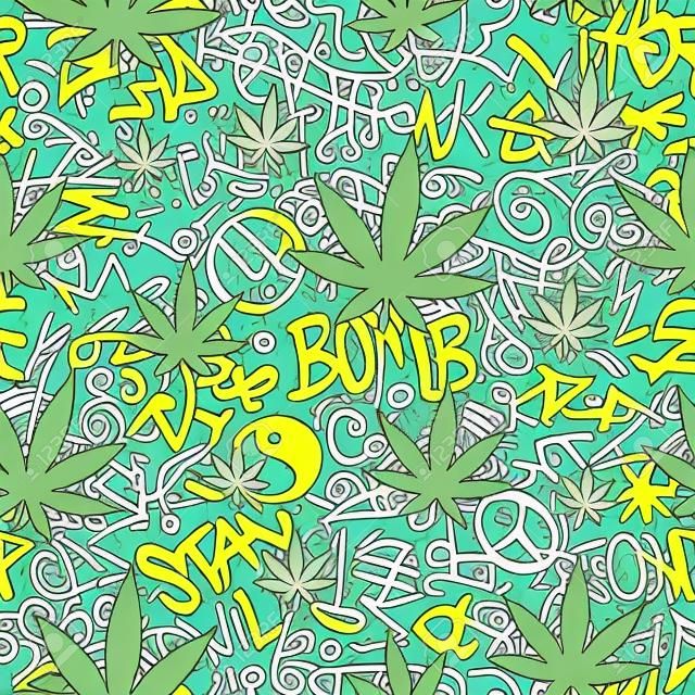 Hand drawn graffiti quotes and weed lead seamless pattern wallpaper.Vector graphic illustration.Graffiti lettering,urban art,marijuana,cannabis,weed leaf seamless pattern wallpaper print concept