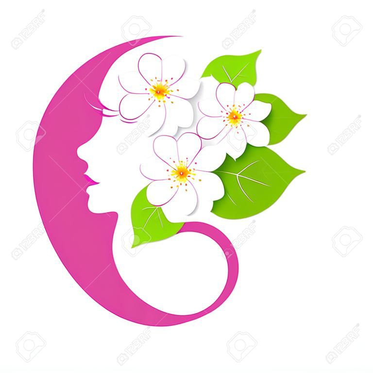 Samica twarz w kształcie okręgu. Kobieta z kwiatami we włosach. Wektor piękno kwiatów logo, znak, elementy projektowania etykiet. Koncepcja Trendy w salonie piękności, masaż, spa, kosmetyki naturalne.