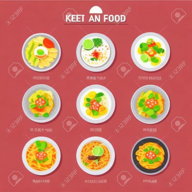Set koreanische Lebensmittel flaches Design. Asien Straße Lebensmittel Illustration Hintergrund.