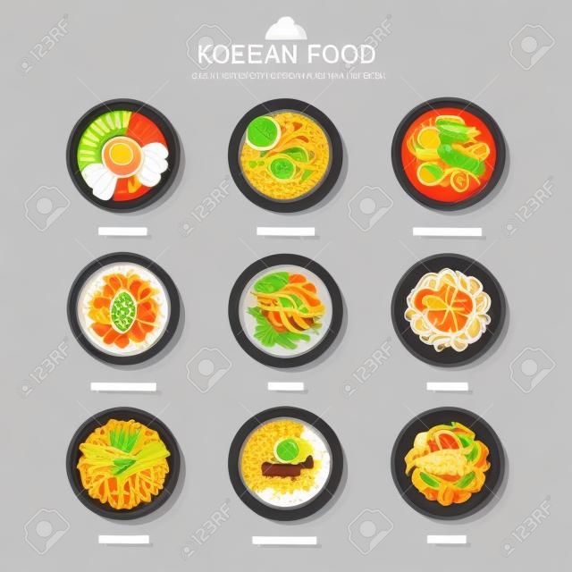 Conjunto de design plano de comida coreana. Fundo de ilustração de comida de rua da Ásia.