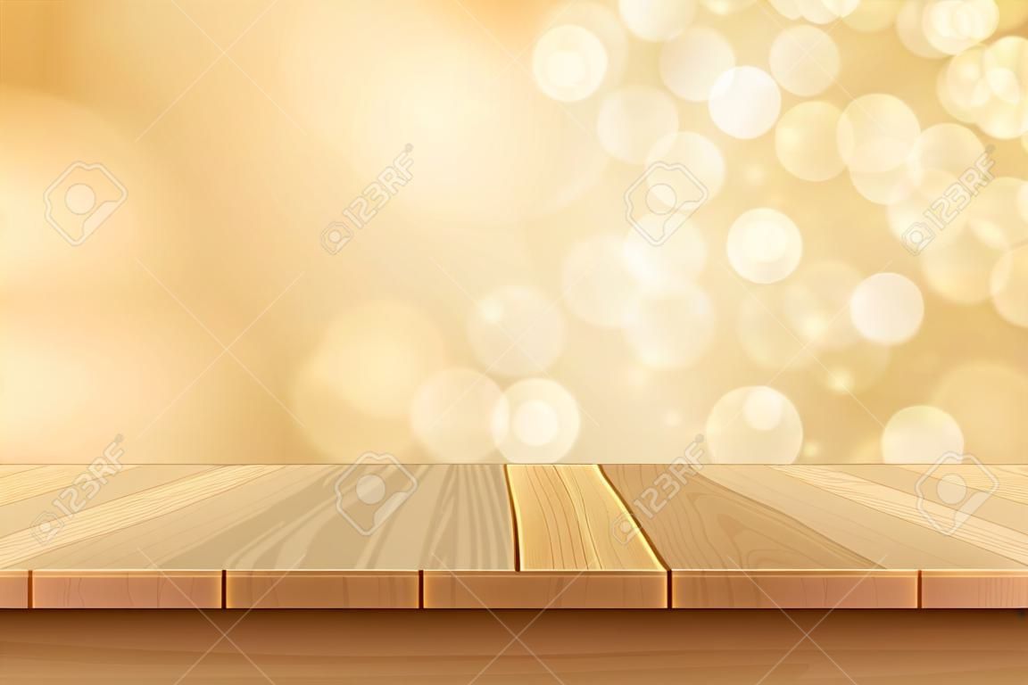 tavolo da tavolo in legno vettoriale su sfondo dorato bokeh