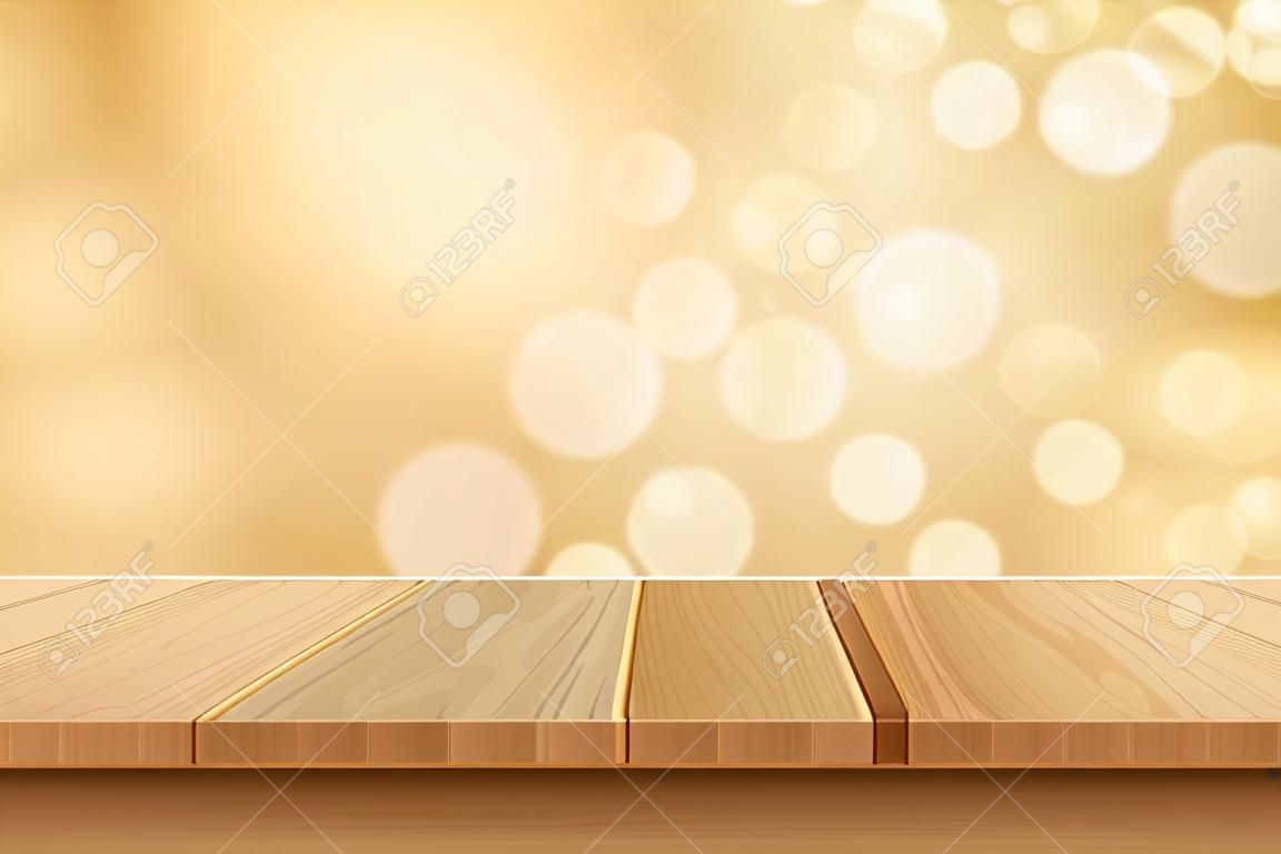 tavolo da tavolo in legno vettoriale su sfondo dorato bokeh