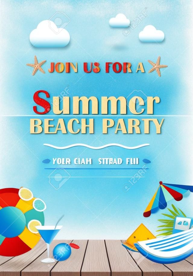 Plakat z zaproszeniem na przyjęcie na plaży z elementem wakacje drewnianą i niebieską wodą. Tło wektor lato.