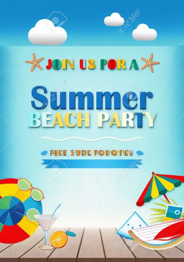 Plakat z zaproszeniem na przyjęcie na plaży z elementem wakacje drewnianą i niebieską wodą. Tło wektor lato.