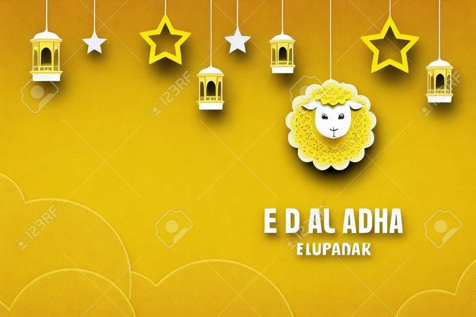Scheda di celebrazione di Eid Al Adha Mubarak con pecore in sfondo giallo di arte di carta. Utilizzare per banner, poster, flyer, modello di vendita brochure.