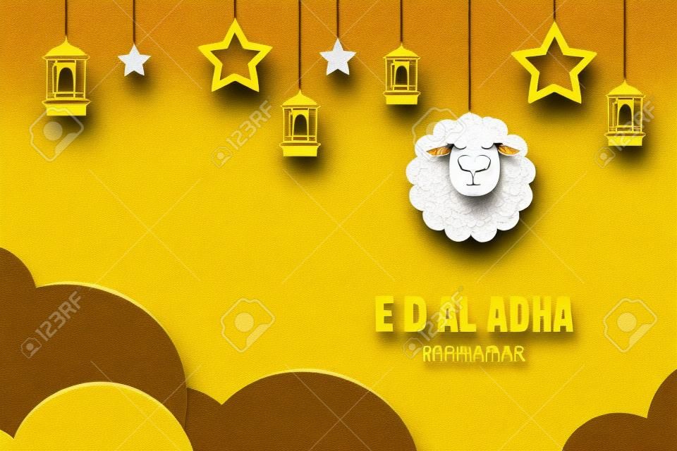 종이 예술 노란색 배경에서 양 Eid Al Adha Mubarak 축하 카드. 배너, 포스터, 전단지, 브로셔 판매 템플릿에 사용하십시오.