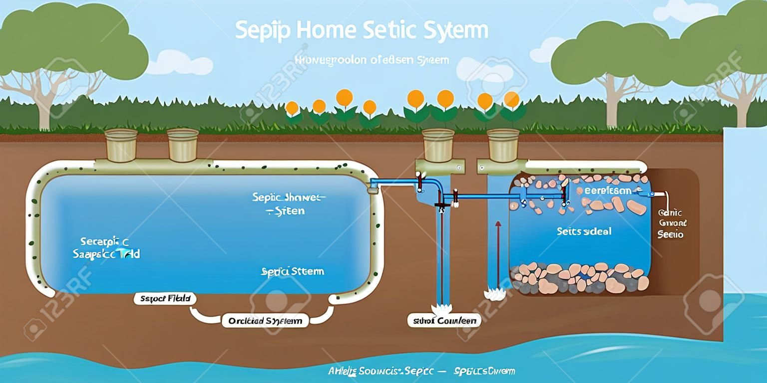 Stacaravan septic systeem en afvoerveld schema. Ondergrondse septic systeem diagram. Typische huishoudelijke septic tank. Extern netwerk van prive home rioolbehandeling systeem. Stock vector illustratie