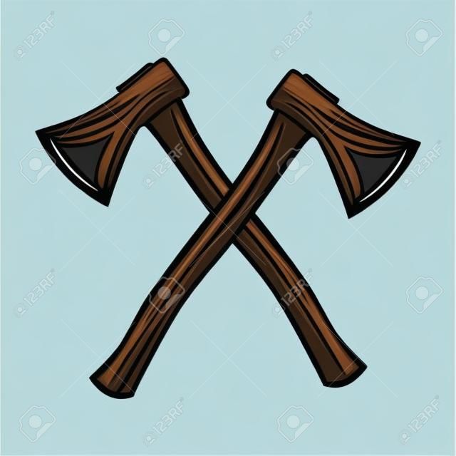 Crossed axes isolated on white background. Black hatchet silhouette. Lumberjack ax icon, symbol or logo. Two camping axes with wooden handles. Cartoon flat simple style sign. Stock vector illustration