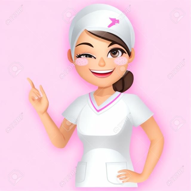 Netter junger krankenschwesterfrauencharakter in der rosa uniform mit dem zeigefingerzwinkern